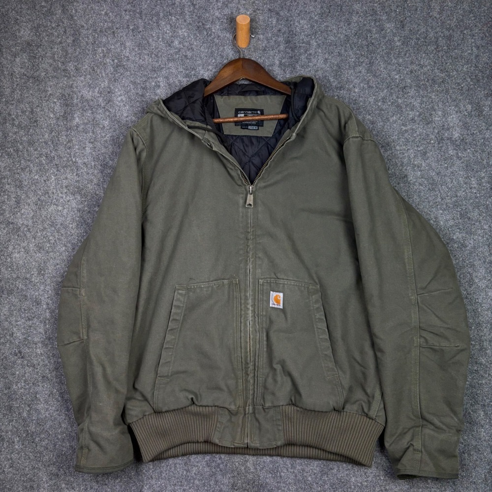 Carhartt J130-M Active Jacket Mens L Moss Green Quilted Canvas Hooded Workwear